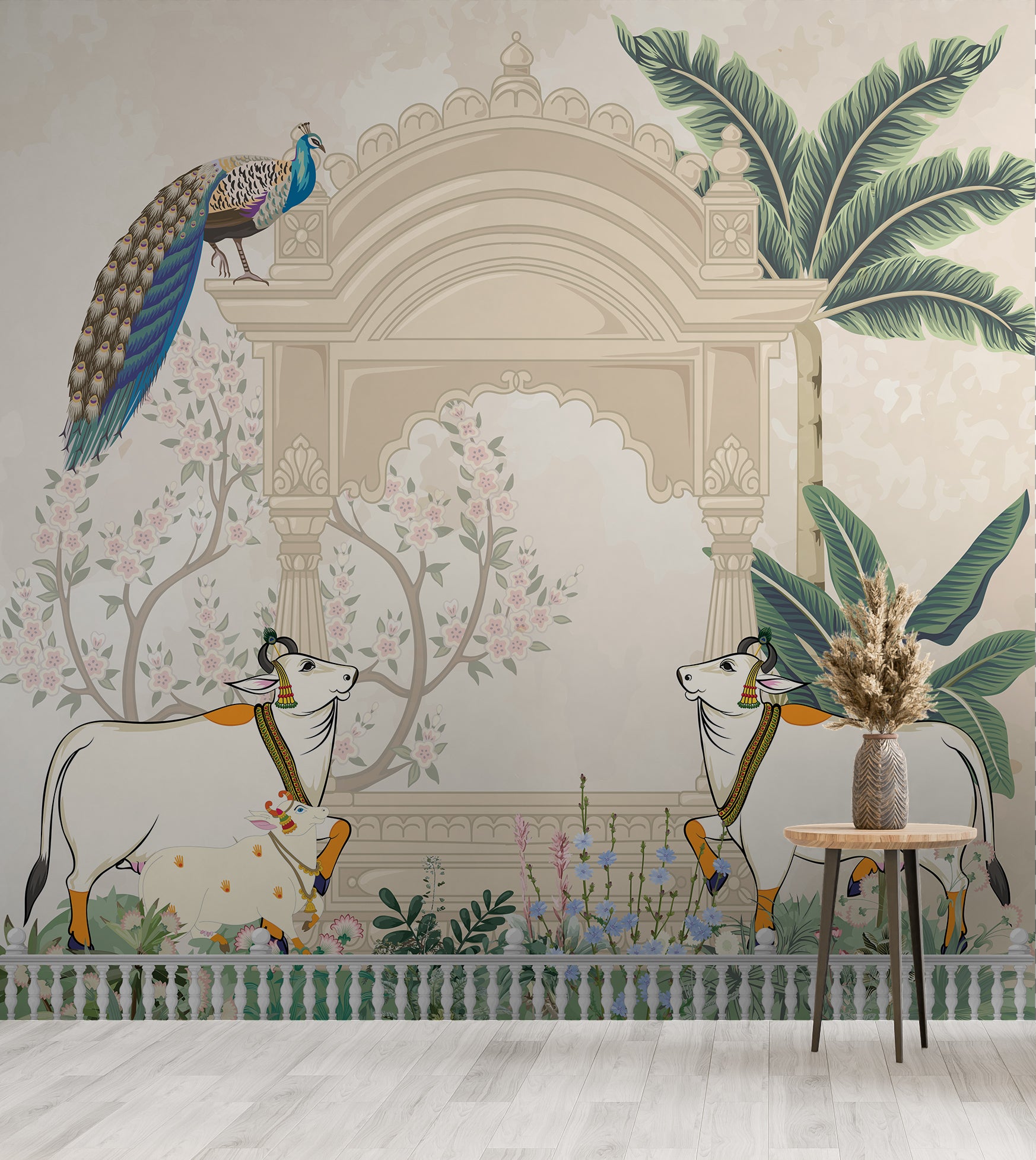 Indian peacock wall mural with arch design and greenery in soft neutral colors for bedroom