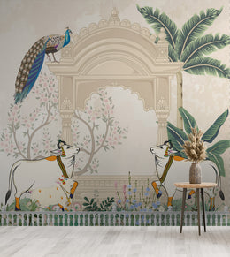 Indian peacock wall mural with arch design and greenery in soft neutral colors for bedroom