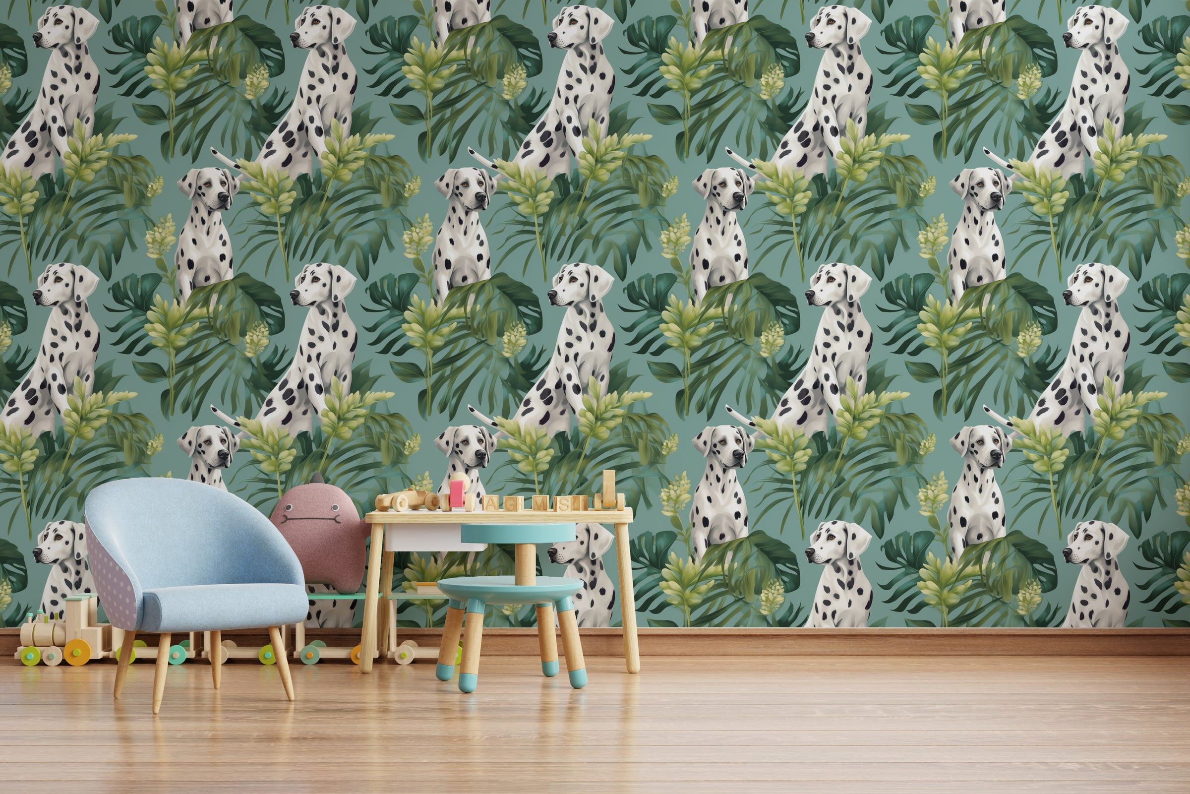 Tropical dog wall mural featuring spotted Dalmatian and lush green foliage, perfect nursery