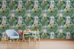 Tropical dog wall mural featuring spotted Dalmatian and lush green foliage, perfect nursery