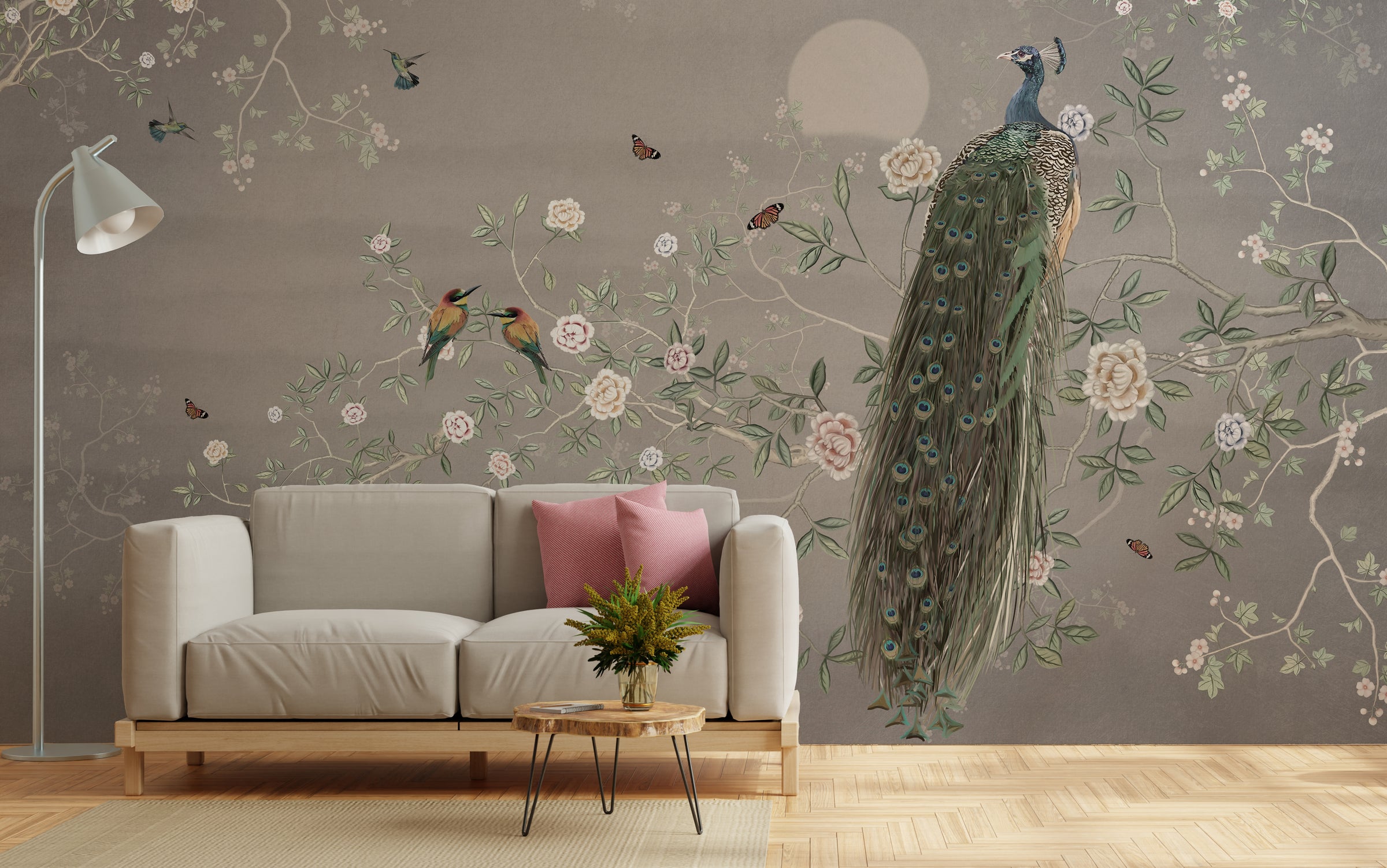 Vintage Gray Peacock Floral Removable Wallpaper