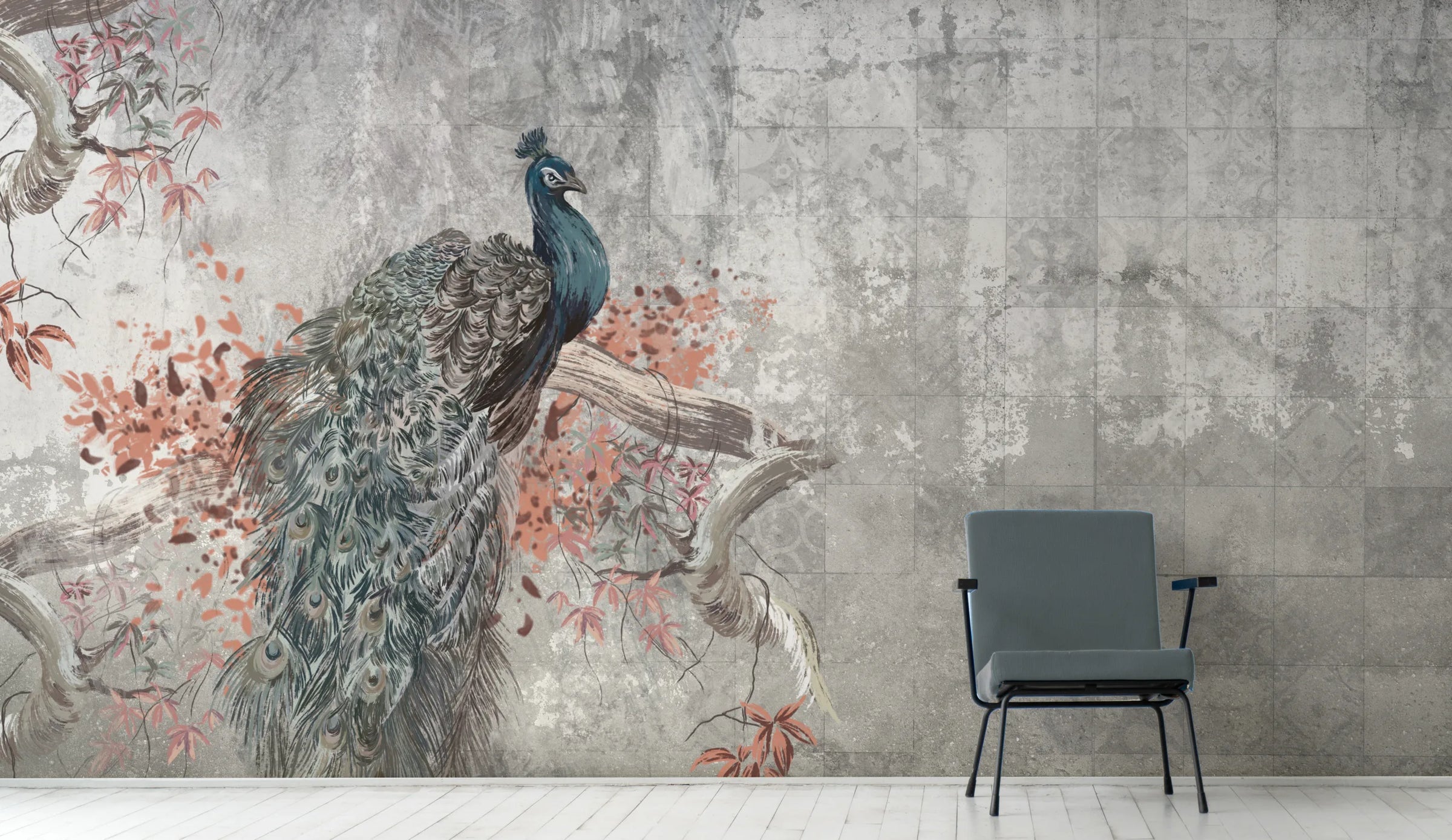 Peacock Concrete Wallpaper | Grey Vintage Peel and Stick Wall Mural image 0