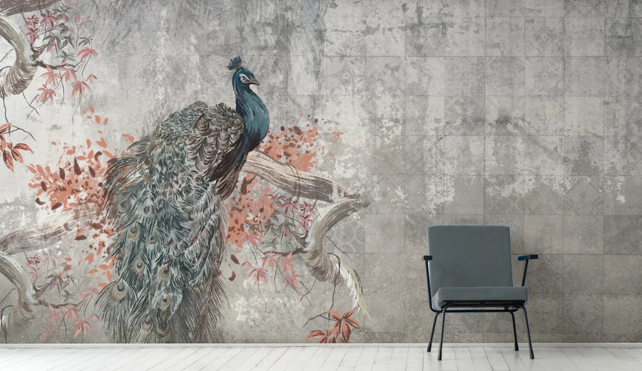 Peacock Concrete Wallpaper | Grey Vintage Peel and Stick Wall Mural