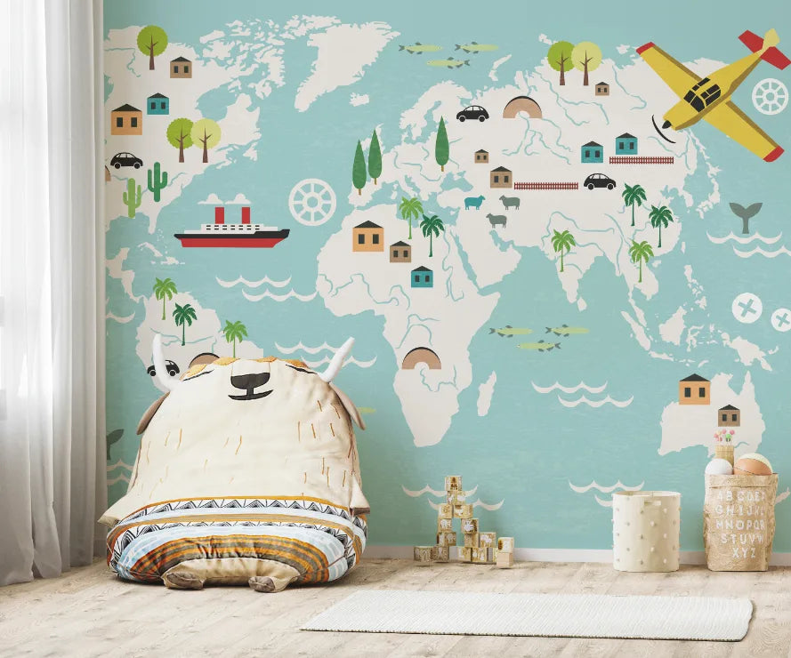 World Map Blue Child Room Peel and Stick Wallpaper image 4