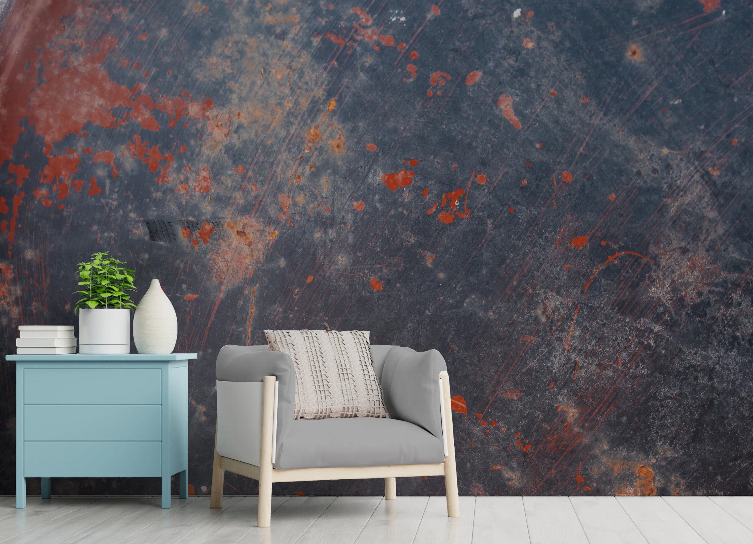 Industrial Rust Texture Wallpaper | Navy Blue & Burnt Orange | Grunge Wall Mural – Peel and Stick Removable | Loft Office Decor image 2