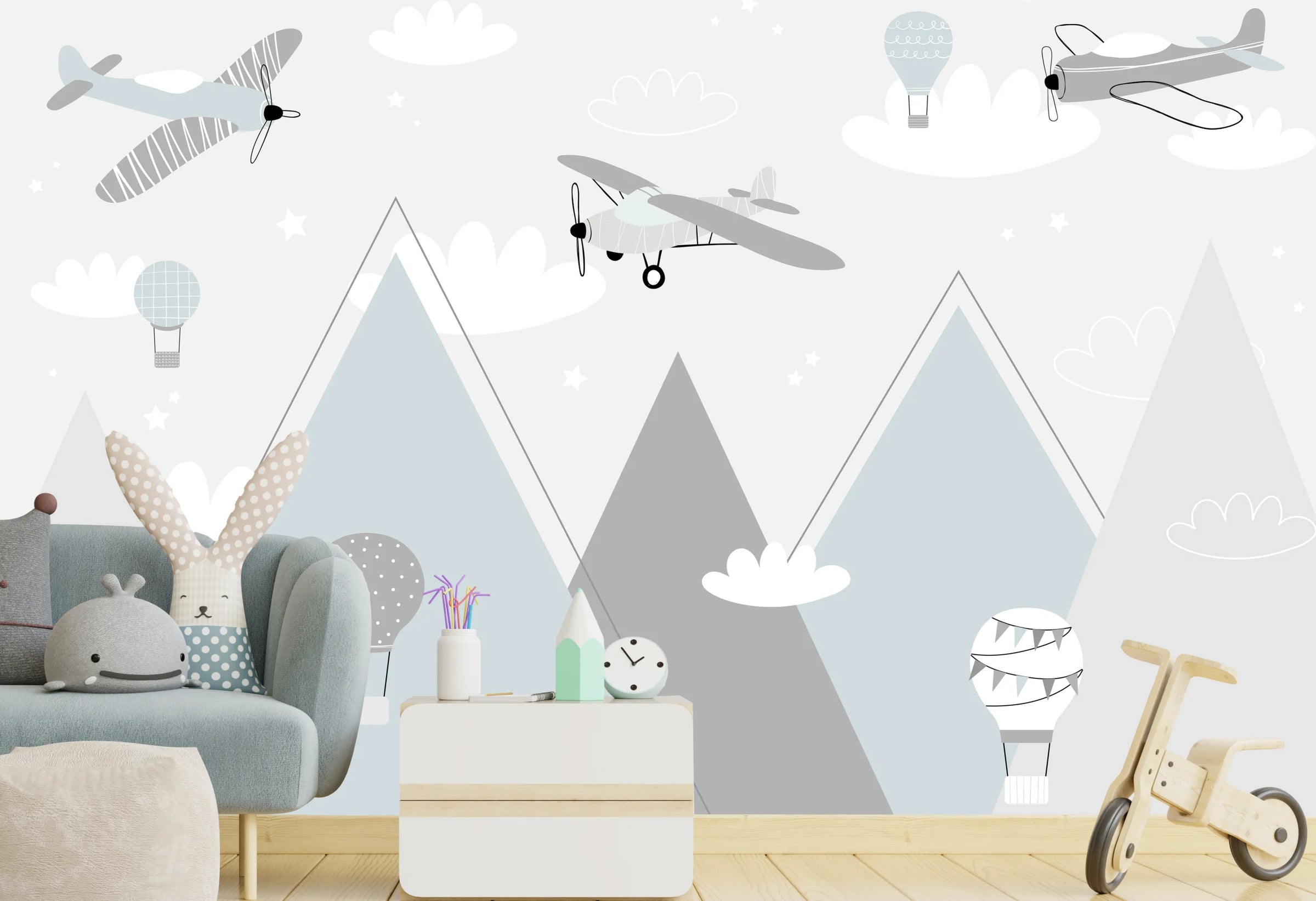 Mountain Adventure Gray Kids Mural| Airplane Air Balloon Removable Wallpaper image 4
