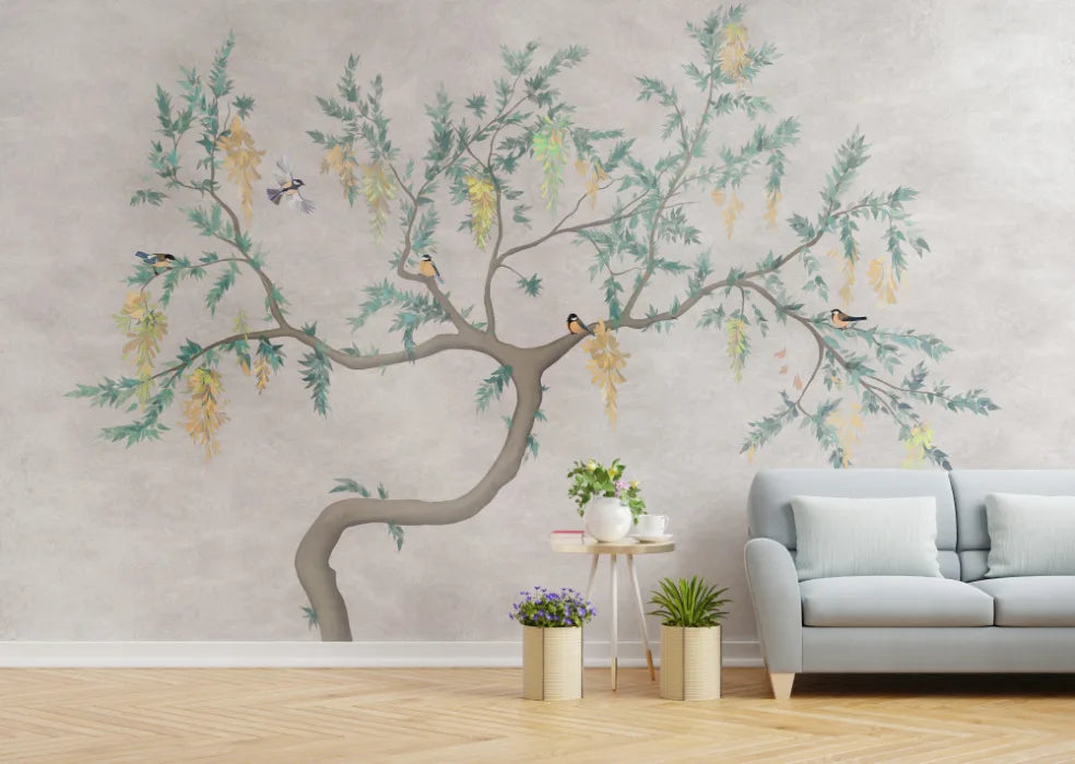 Flowering Tree Birds Wallpaper | Beige Peel-and-Stick Nature Mural image 1