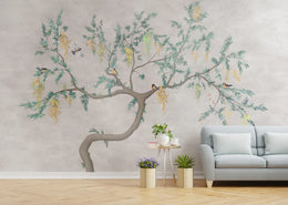 Flowering Tree Birds Wallpaper | Beige Peel-and-Stick Nature Mural image 1