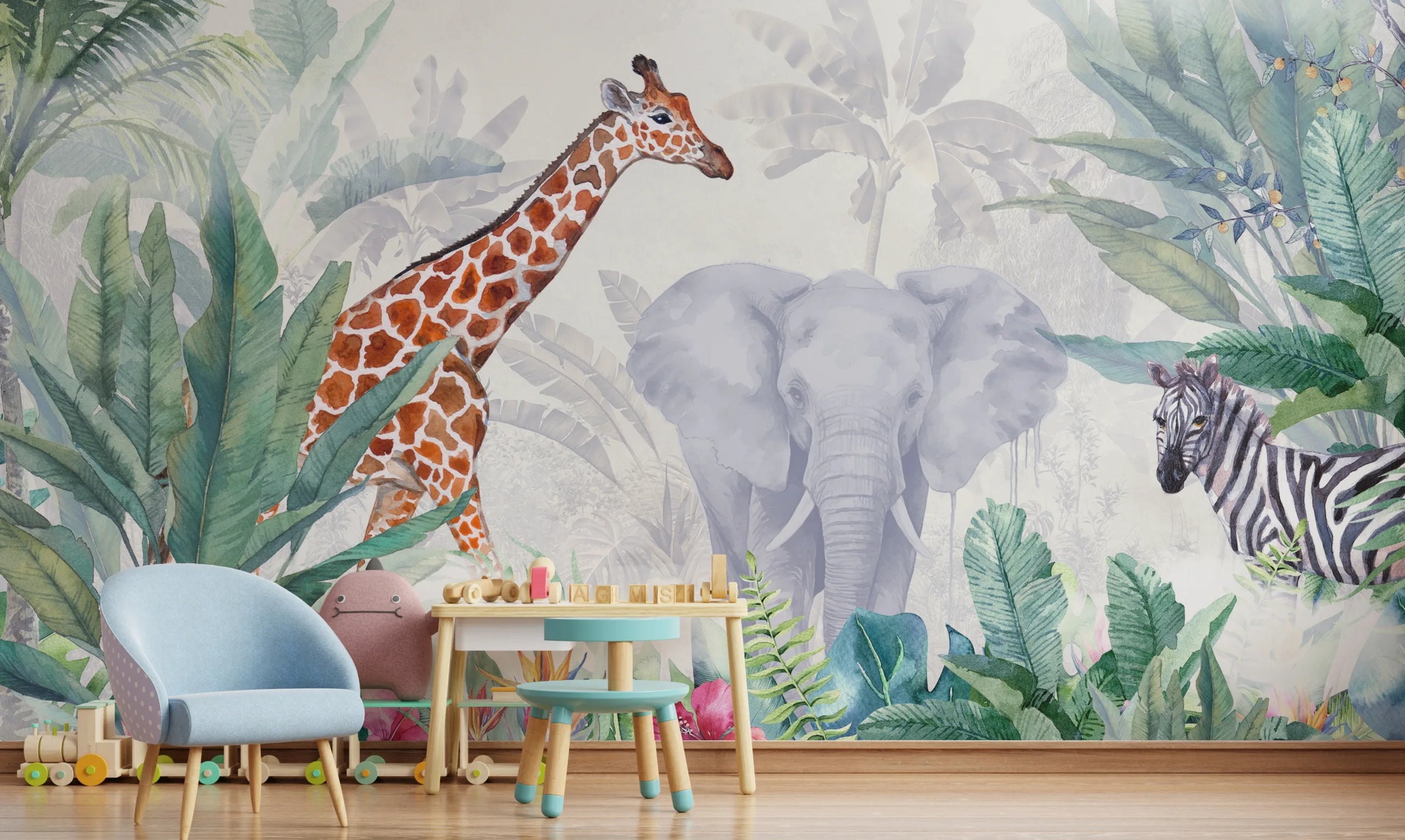 Kids Animal Wallpaper | Watercolor Jungle Peel and Stick Wall Mural image 2