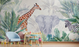 Kids Animal Wallpaper | Watercolor Jungle Peel and Stick Wall Mural image 2