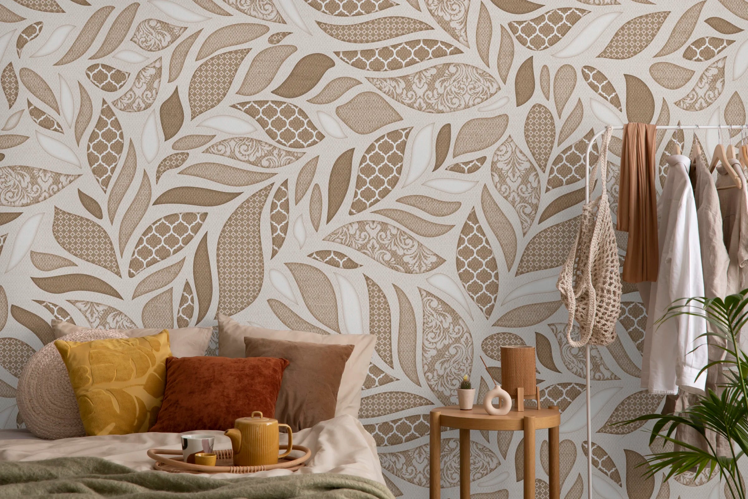 Beige Brown Leaf Design Wallpaper | Modern Botanical Style | Removable Wall Covering image 1