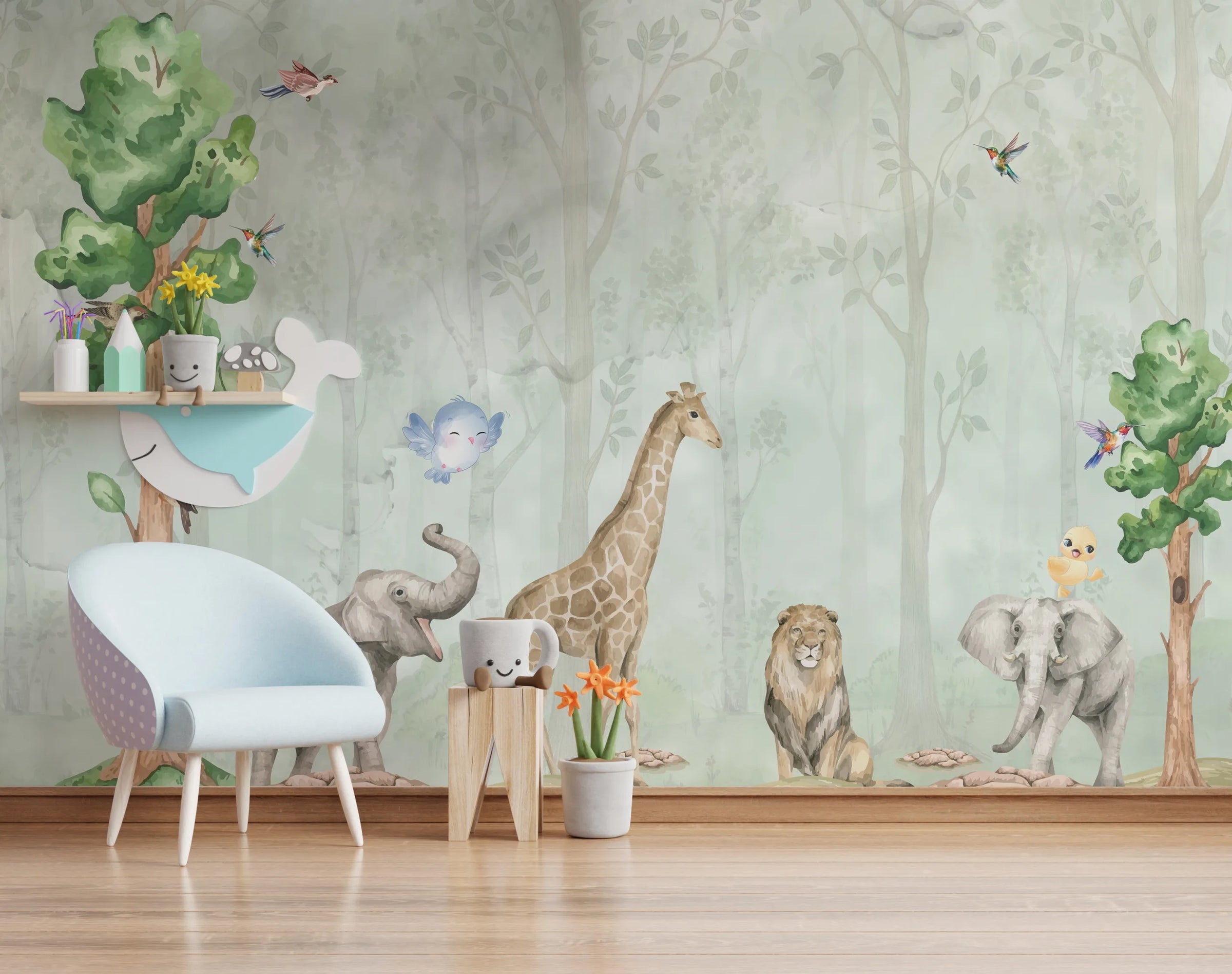Watercolor Safari Animal Wall Mural | Green Jungle Peel and Stick Wallpaper image 2