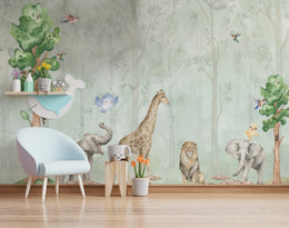 Watercolor Safari Animal Wall Mural | Green Jungle Peel and Stick Wallpaper image 2
