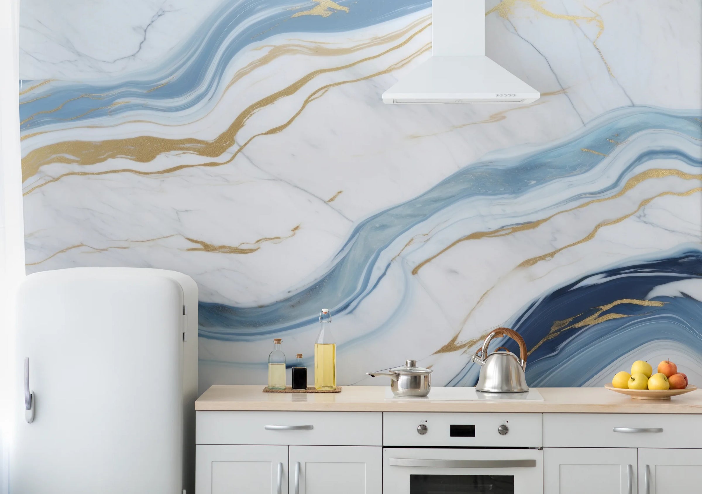 Abstract Blue Gold Marble Wall Decor| Modern Kitchen Removable Wallpaper image 0