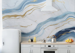 Abstract Blue Gold Marble Wall Decor| Modern Kitchen Removable Wallpaper image 0
