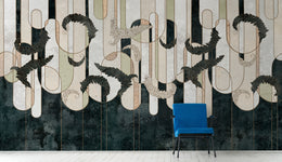 Premium botanical wallpaper with bold leaf forms, gold detailing and textured background for upscale lounge