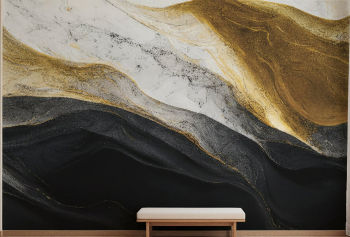 Gold Black Marble Wall Mural Luxury Abstract Wave Modern Self Adhesive