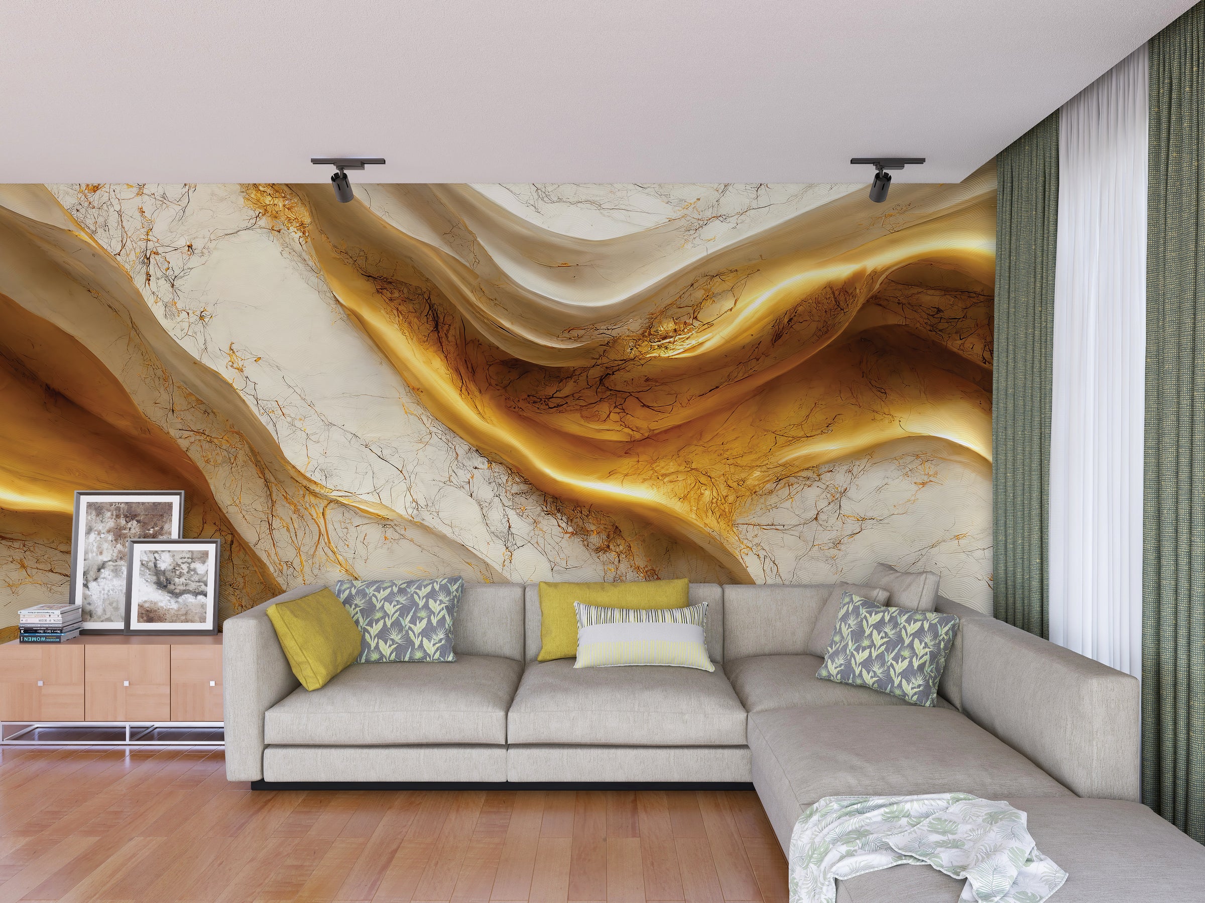 Abstract gold wave marble wallpaper creating bold living room statement wall design