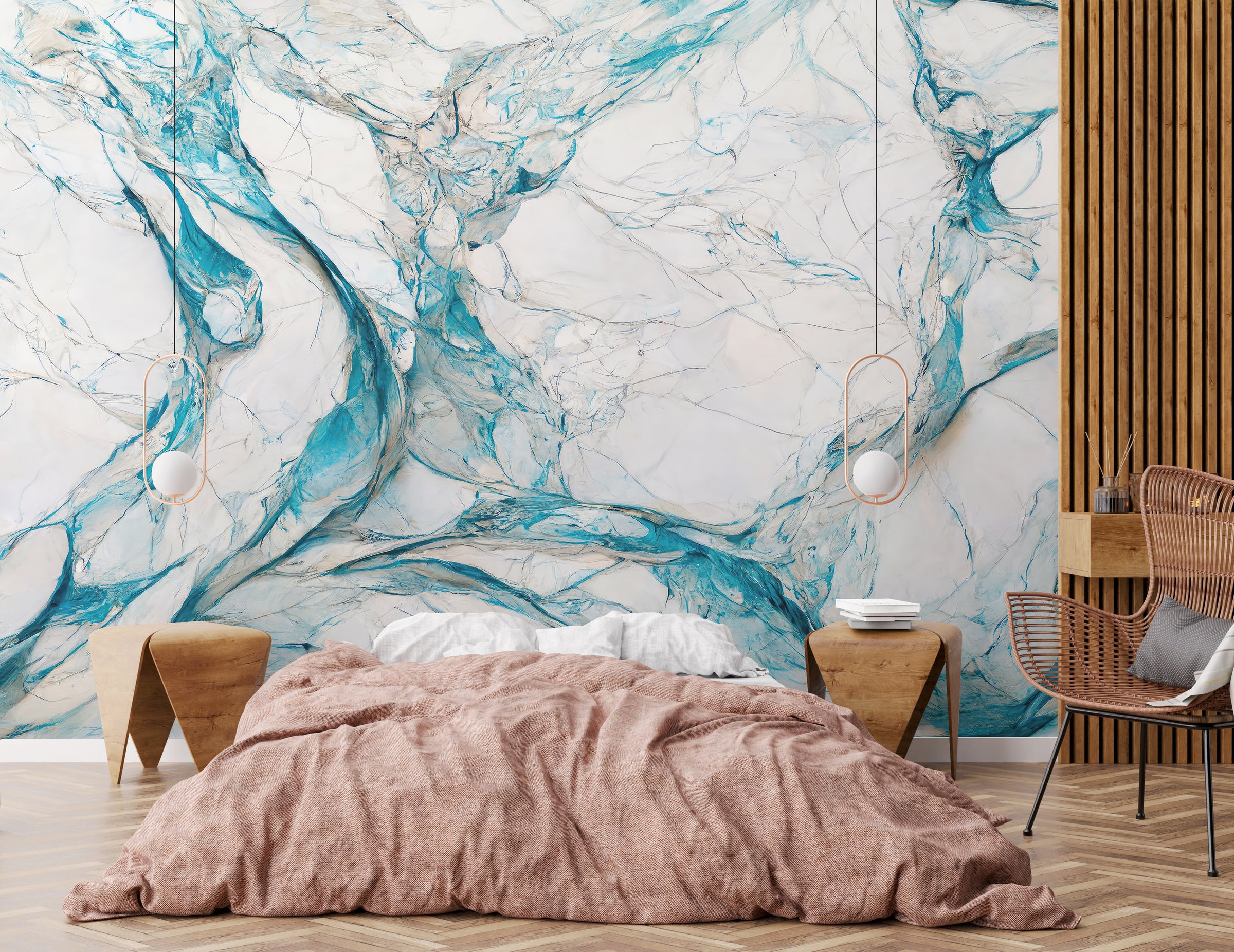 Elegant turquoise marble pattern wallpaper for stylish bedroom accent wall