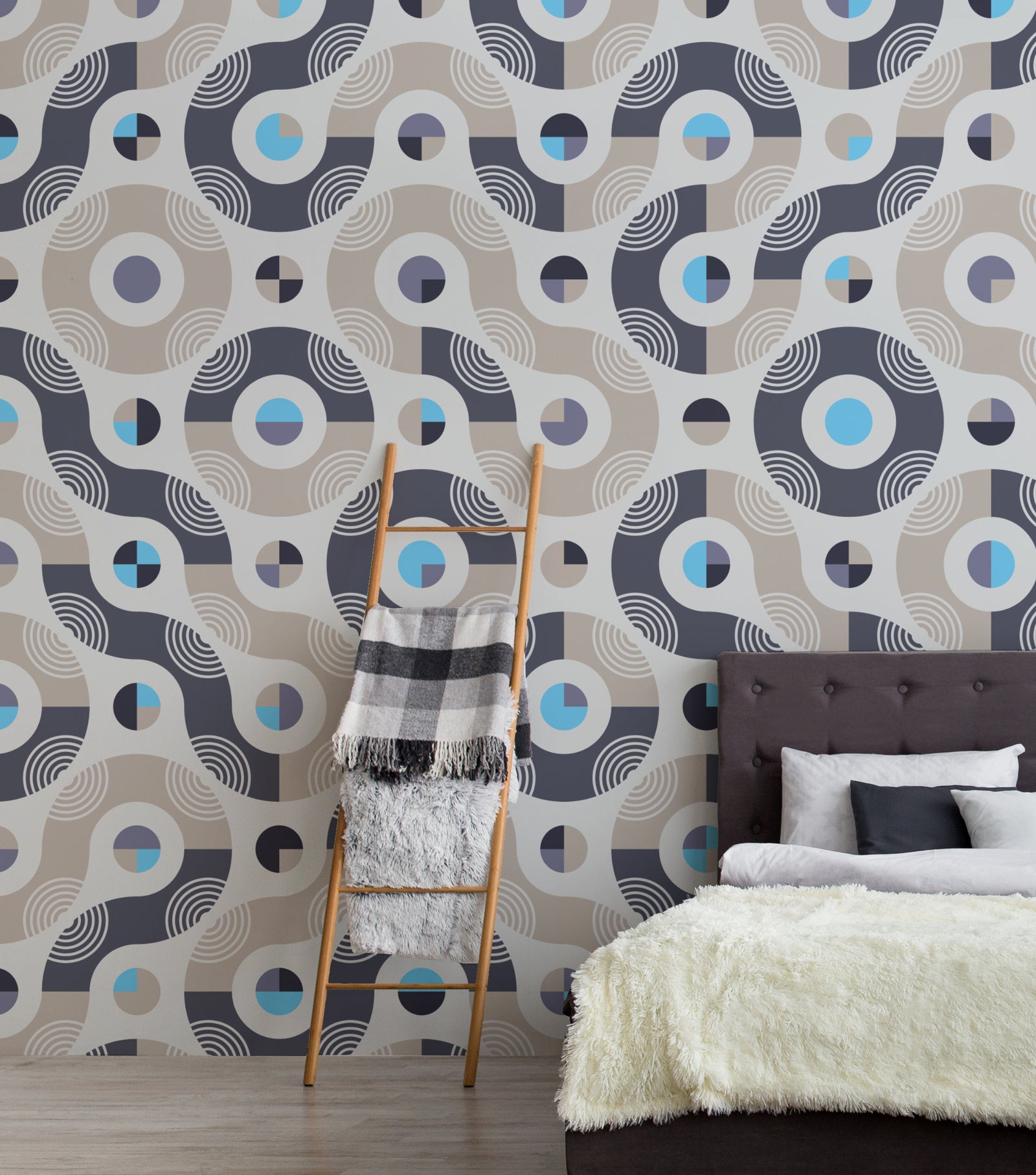 Retro Geometric Wallpaper | Navy Beige Abstract Removable Living Room Decor