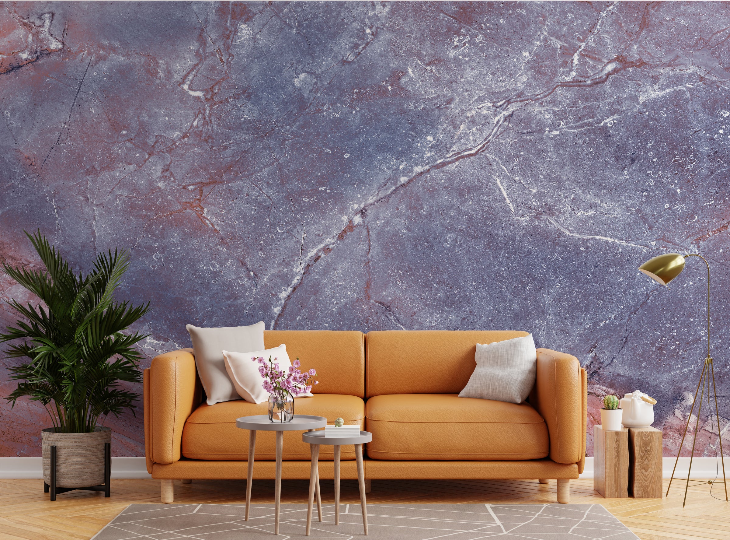 Entryway accent wall featuring bold marble texture wallpaper in blue purple shades