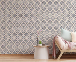 Modern Moroccan style geometric wall design in blue grey peel and stick decor