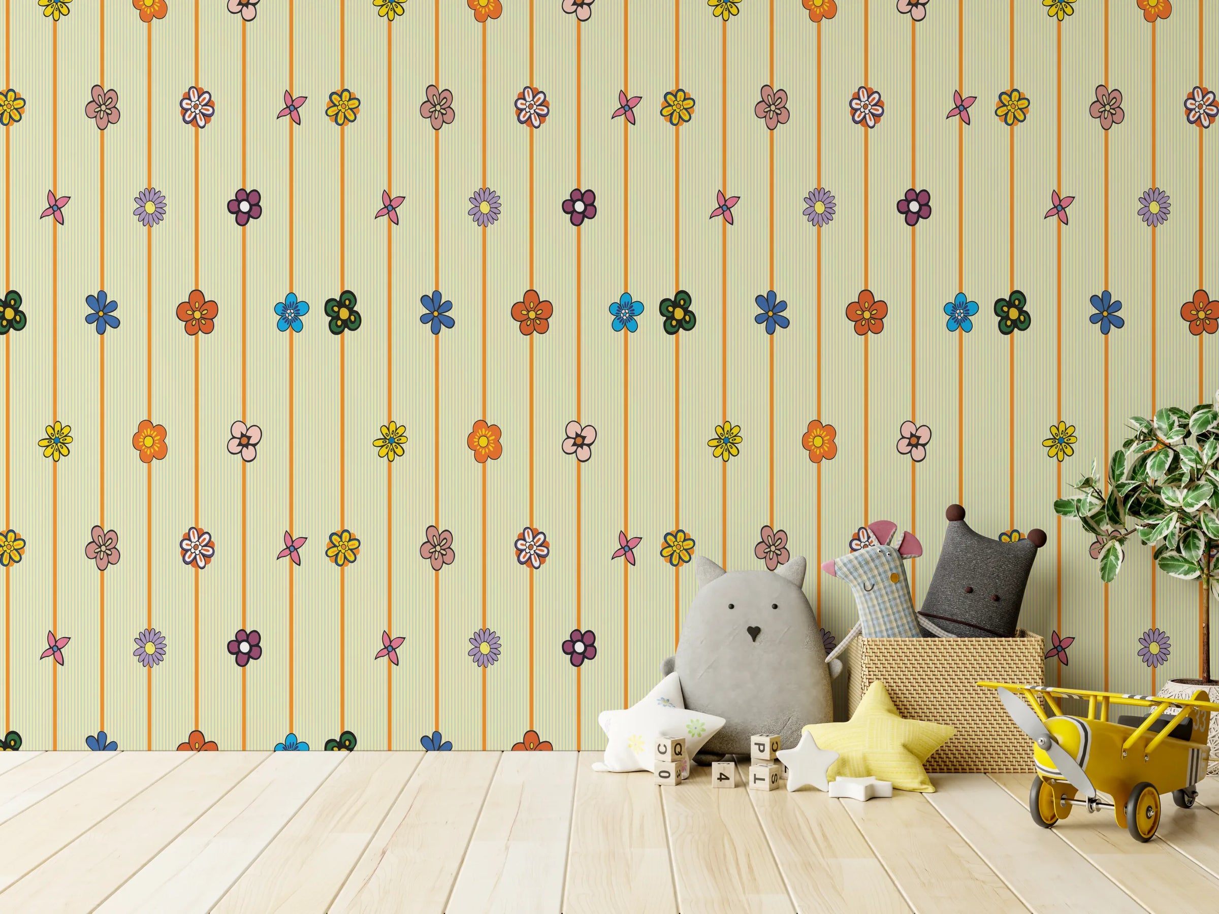 Floral Stripe Wallpaper | Yellow Kids Room Cute Peel & Stick Decor image 0