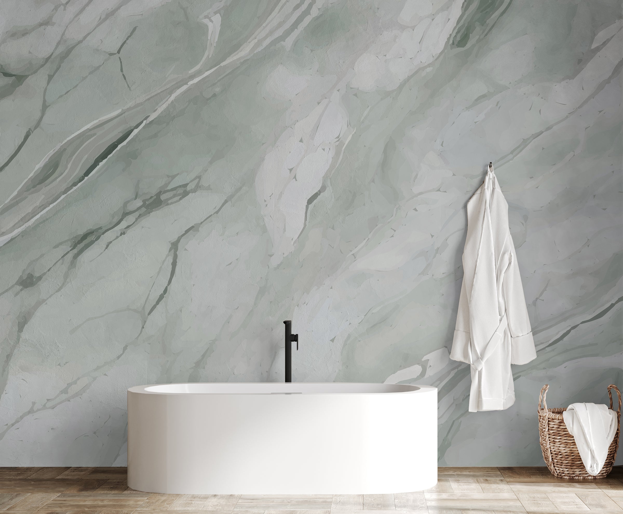 Adhesive gray and white marble wallpaper, contemporary stone effect wall mural for stylish interiors in Brooklyn apartment Bathroom.