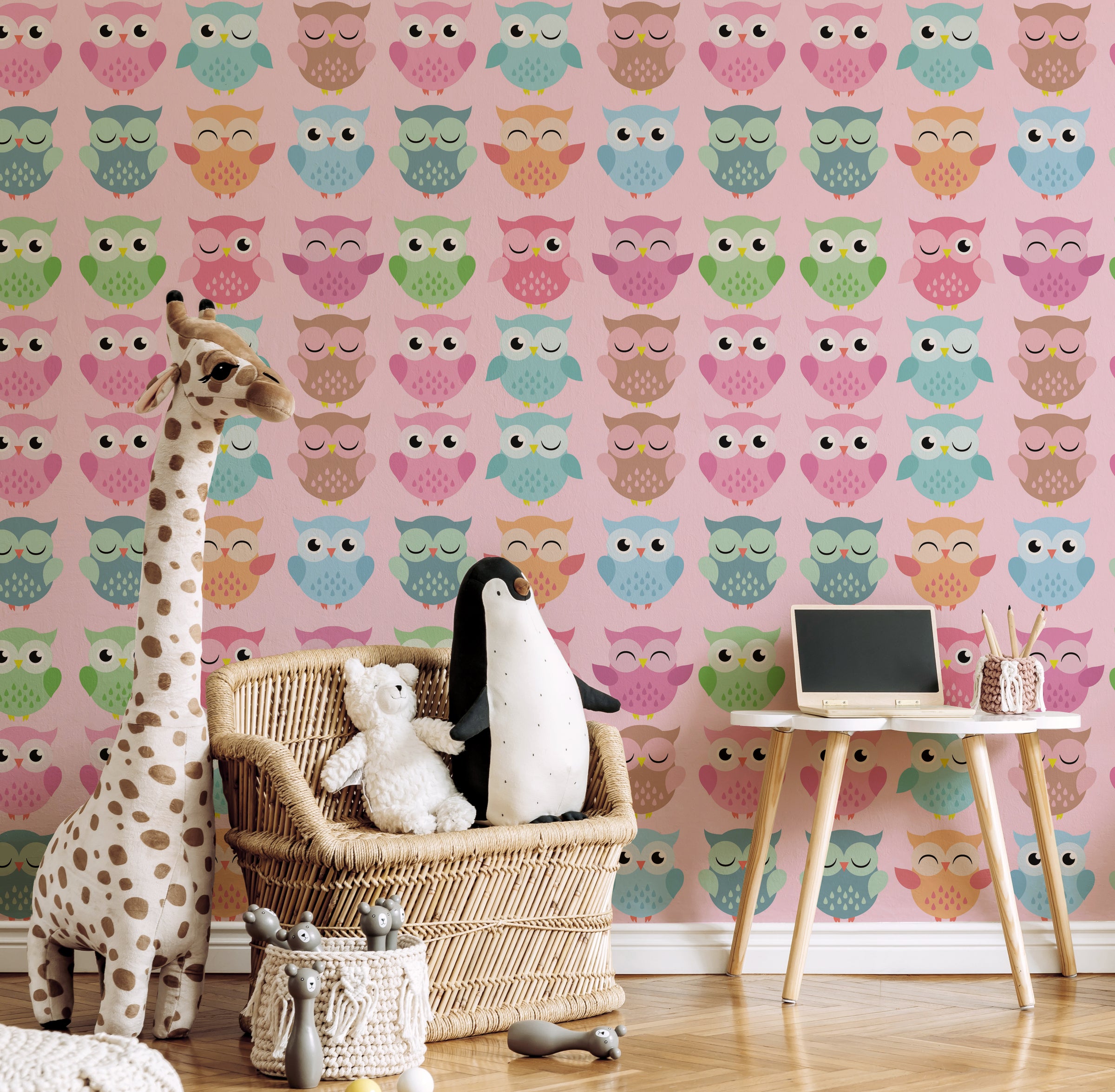 Stylish kids room accent wall wallpaper featuring pink pastel cute owl pattern design, perfect for modern nursery interior decor