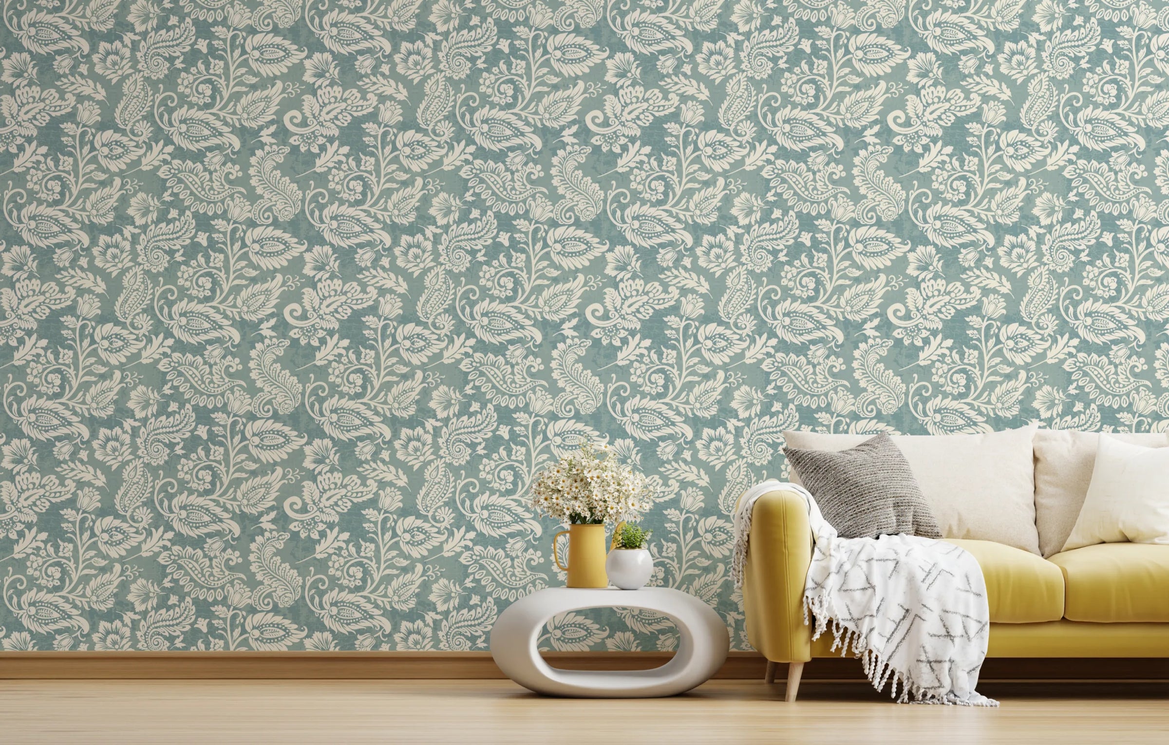 Vintage Teal Floral Living Room Peel and Stick Wallpaper image 2