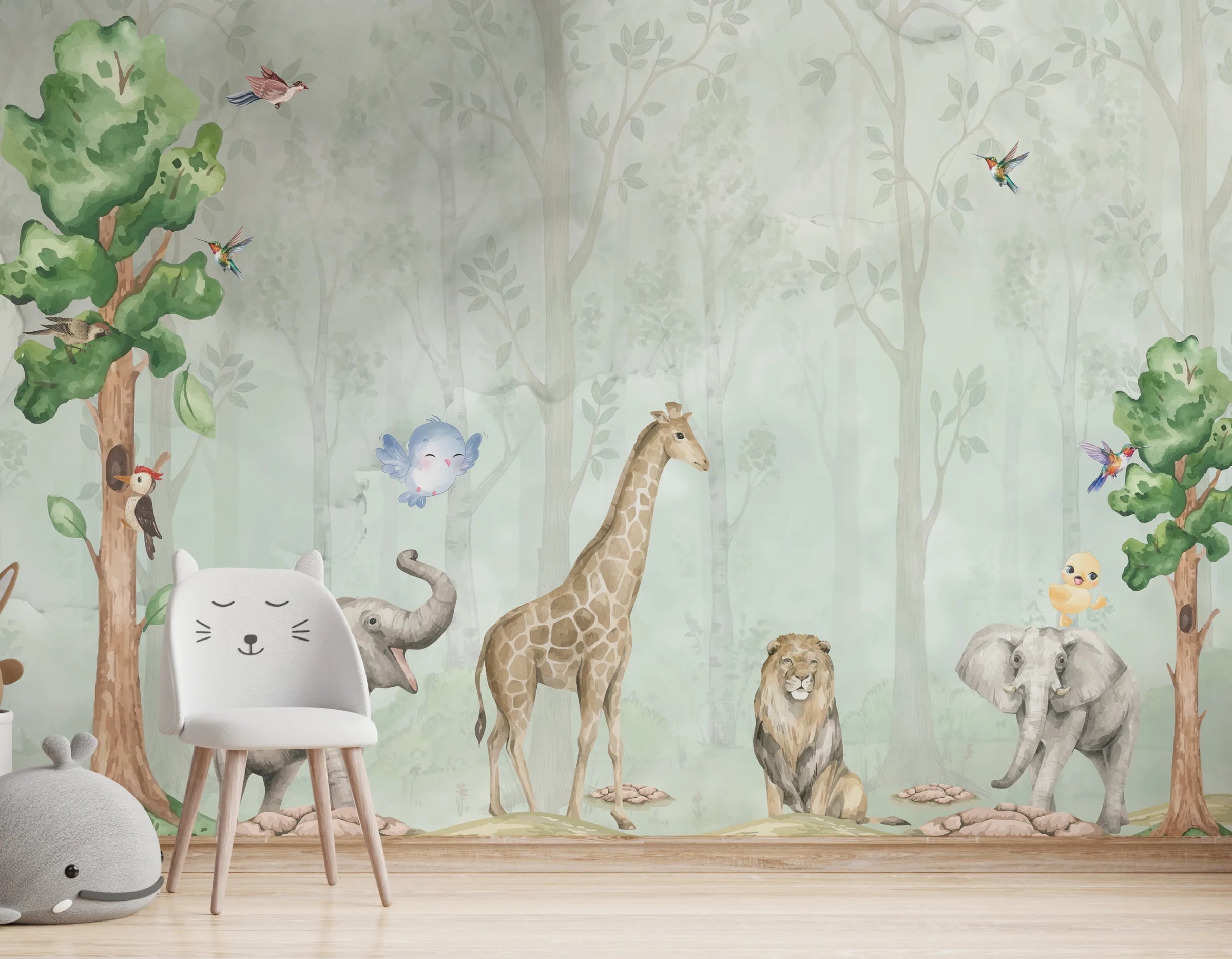 Watercolor Safari Animal Wall Mural | Green Jungle Peel and Stick Wallpaper image 5