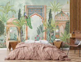 Peacock Palace Indian Wallpaper | Green Tropical Peel and Stick Living Room Decor image 1