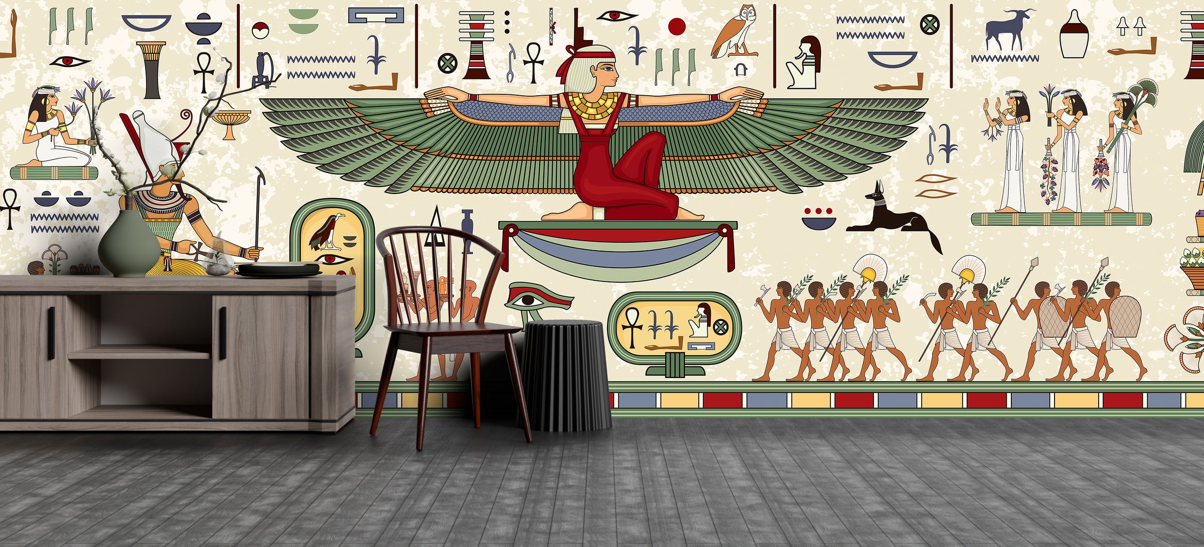 Egyptian themed accent wall with pharaoh scenes and mythological symbols, cozy bedroom decor