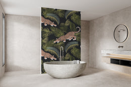 Stylish jungle leopard pattern enhancing bold bathroom interior with rich natural elements