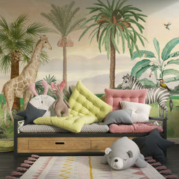 Jungle wall mural featuring elephants, tropical palms, pastel sky for kids bedroom