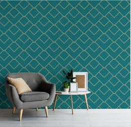 Hallway transformation using teal patterned wall mural adding depth and visual interest