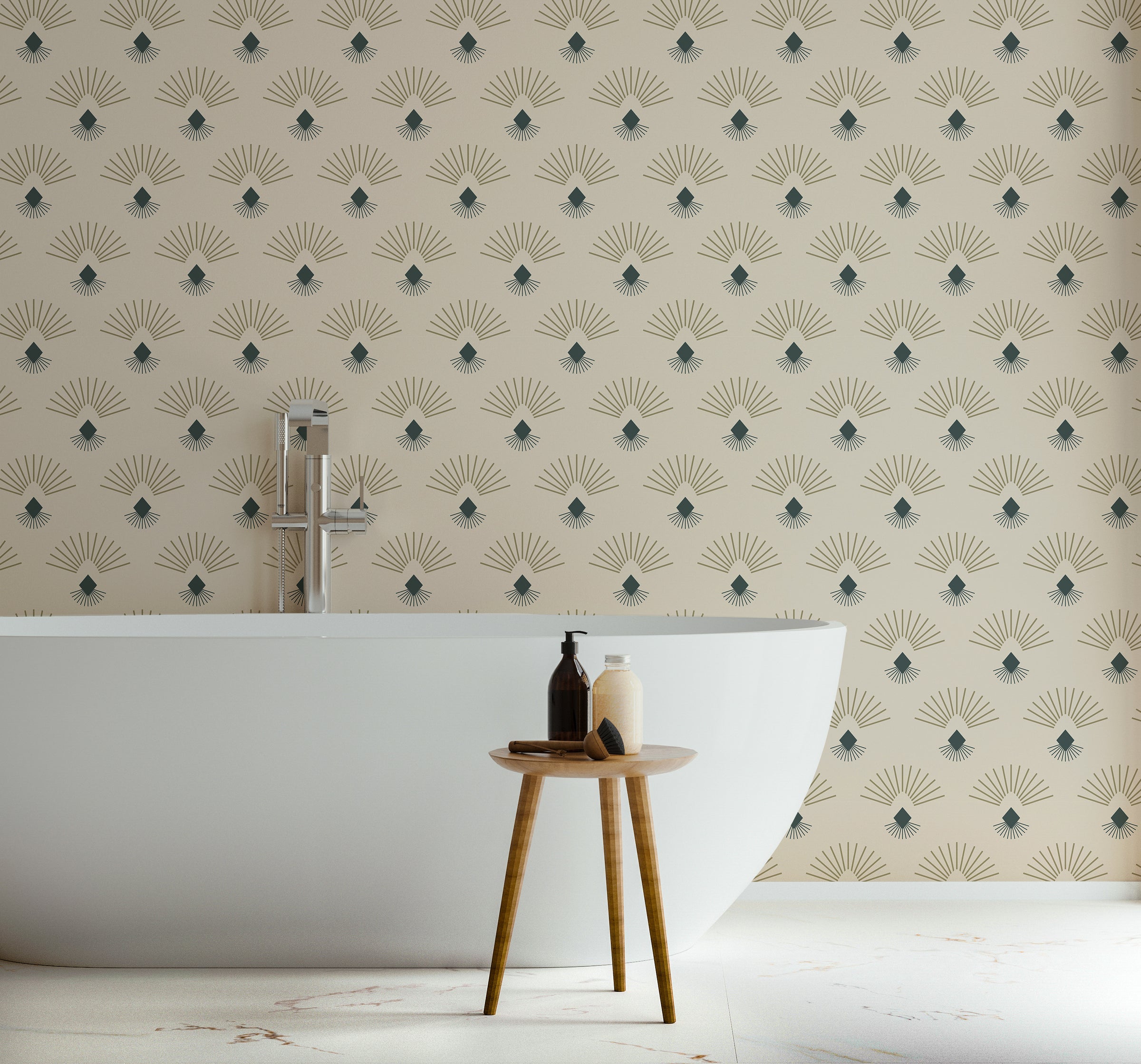 Mid Century Art Deco Wallpaper | Fan Pattern Beige Teal Peel and Stick Decor