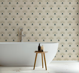 Mid Century Art Deco Wallpaper | Fan Pattern Beige Teal Peel and Stick Decor