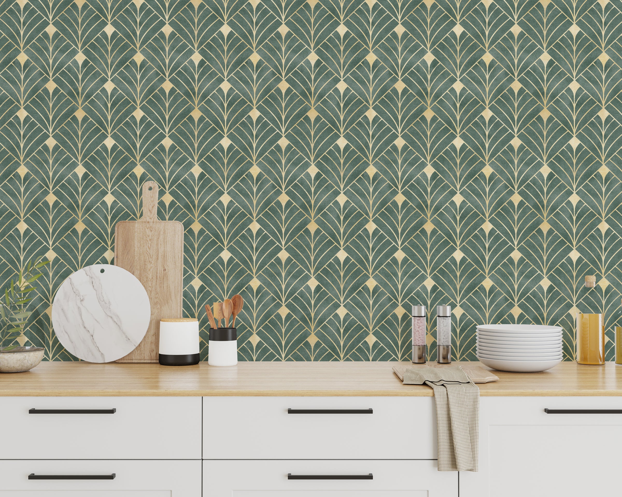 Green and Gold Art Deco Wallpaper | Removable Luxury Wall Decor