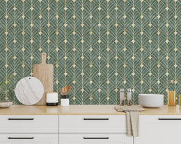 Green and Gold Art Deco Wallpaper | Removable Luxury Wall Decor