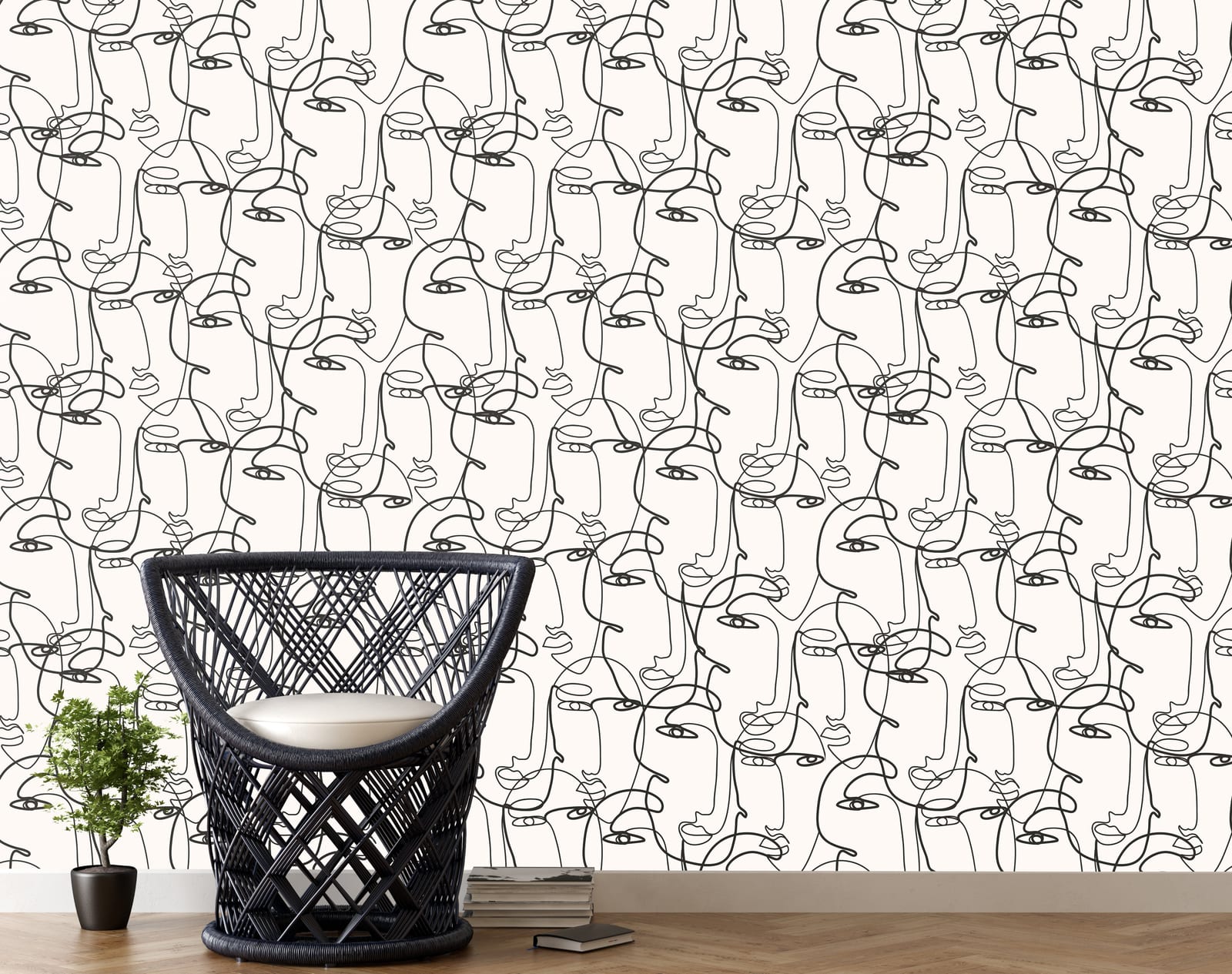 Relaxing lounge setting highlighted with fluid facial contour illustration establishing sophisticated design backdrop