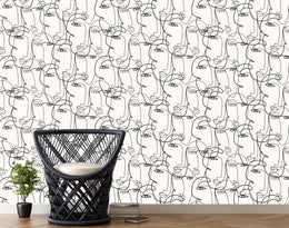 Relaxing lounge setting highlighted with fluid facial contour illustration establishing sophisticated design backdrop