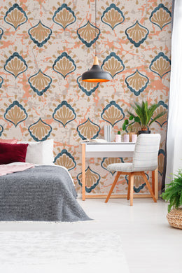 Cozy bedroom wall decor showcasing removable Moroccan tile wallpaper with geometric scallop pattern in terracotta teal tones
