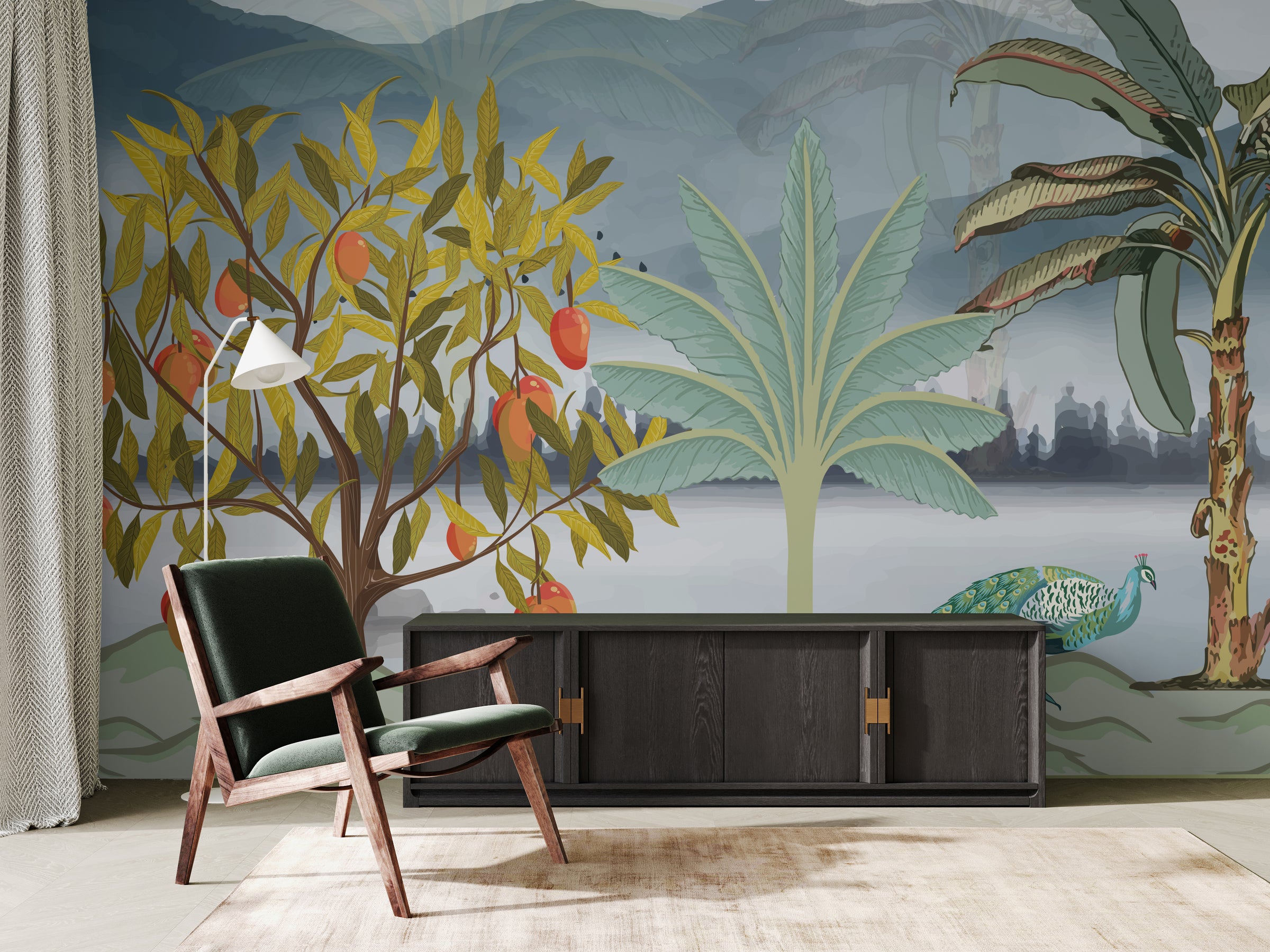 Botanical wallpaper featuring fruit trees and soft blue background for modern living room