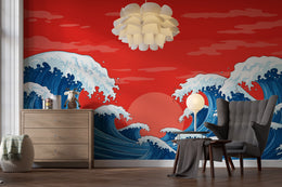 Vibrant marine wallpaper with powerful waves enhancing contemporary office wall design