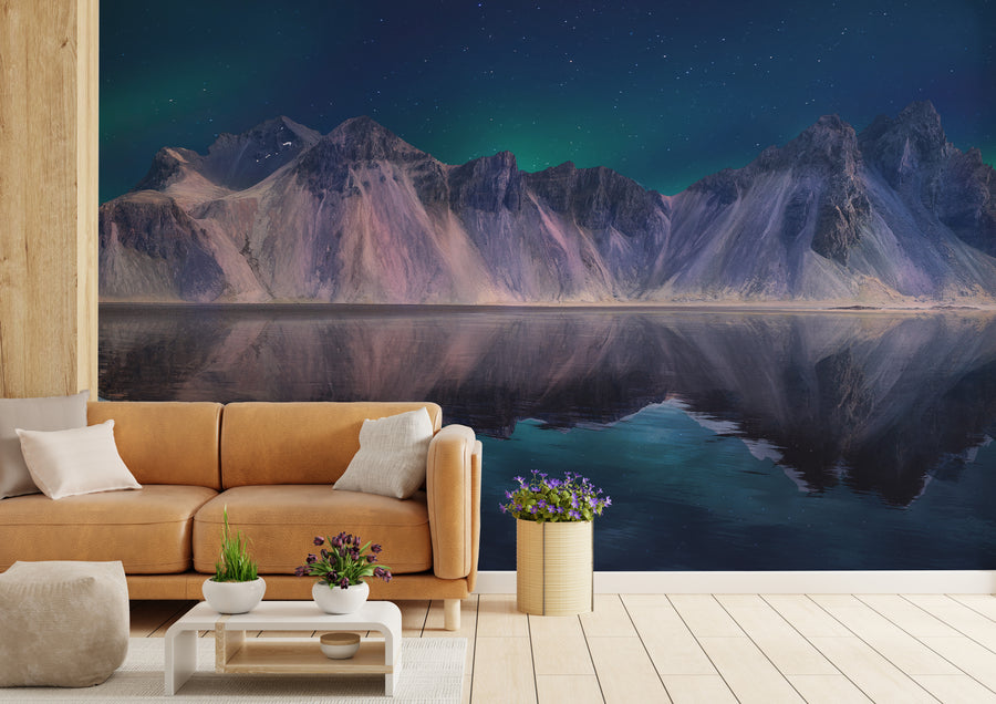 Northern Lights Mountain Lake Wallpaper Teal Peel Stick Living Room Mural