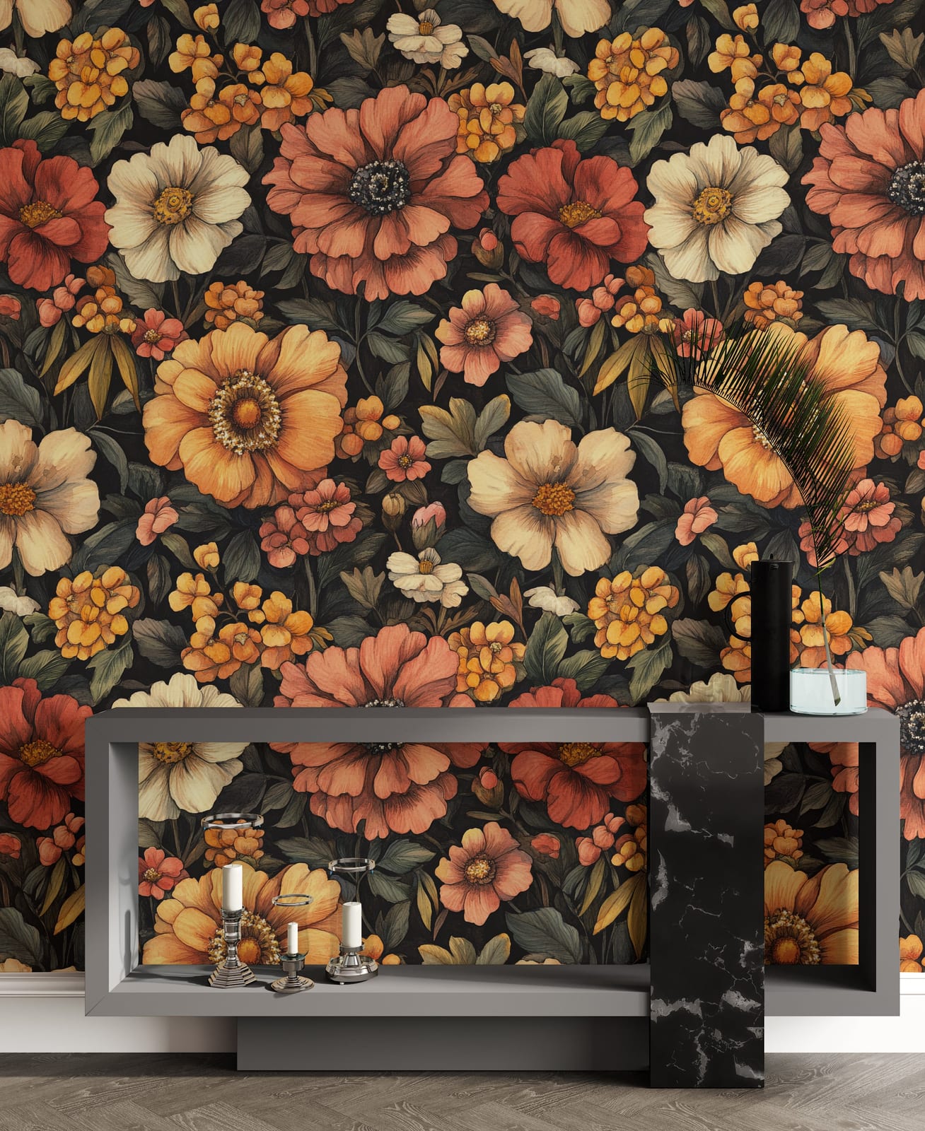 Dark floral wallpaper with layered orange blossoms, bold statement for modern living room