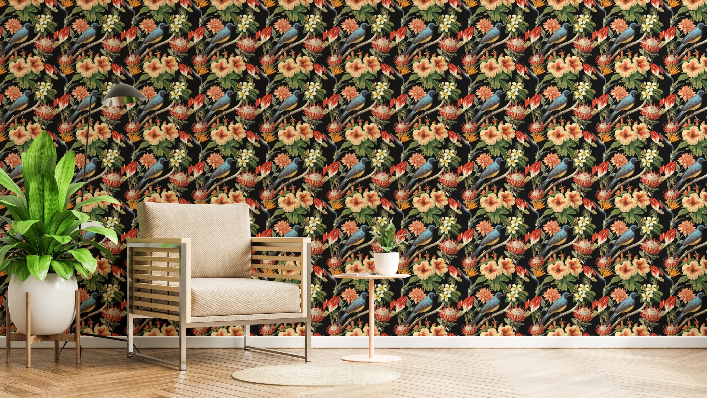 Exotic Tropical Birds Wallpaper | Black Floral Removable Bedroom Decor image 1