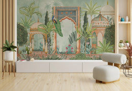 Peacock Palace Indian Wallpaper | Green Tropical Peel and Stick Living Room Decor image 3