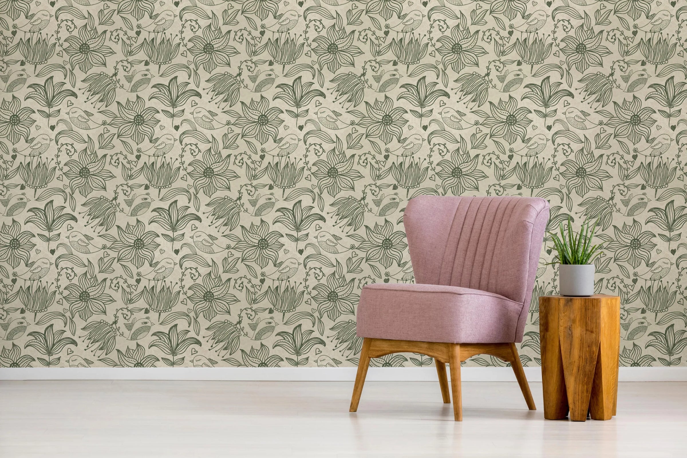 Botanical Bird Floral Wall Decor | Sage Green Line Art Removable Wallpaper image 1